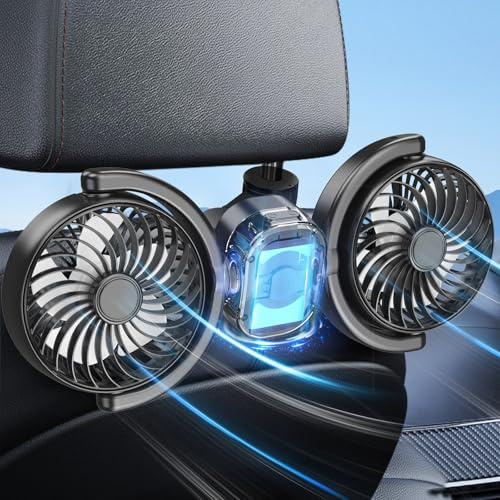 Dealswin Ventilador de coche recargable para asiento trasero de niños y bebés, con batería y USB de doble potencia, potente 3 velocidades, giratorio de 360°, ventilador de asiento de coche para sedán