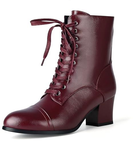 Pixoecuty Women's Victorian Ankle Boots Lace UP Boots For Women Booties Side Zipper Block Chunky Mid Heel Burgundy US 6