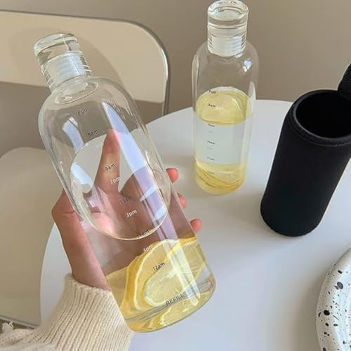 1 Litre Glass Water Bottle with Sleeve | Glass Lid | Large-capacity 34oz Desk Bottle With Time Markings | BPA Free Drinkware (With Black Sleeve, 1000 ml)