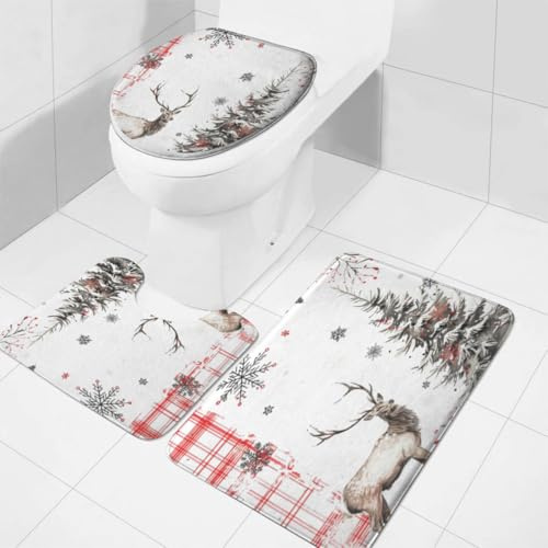 Elk Soft Flannel Bathroom Mat Set, 3 Pieces, Absorbent Bath Rugs for Bathroom, Non Slip U-Shaped Contour WC Rugs