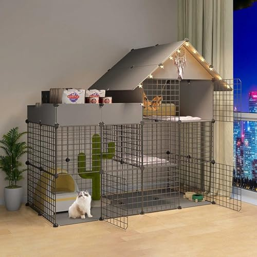 Generic Großer Katzenlaufstall – Indoor-Katzengehege, Mehrzweck-Katzenbox für Kätzchen, Frettchen und kleine Haustiere (Schwarz, 147 x 75 x 146 cm)