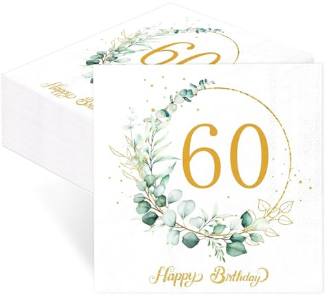 40 Stück Servietten 60. Geburtstag, Tischdeko 60 Geburtstag Servietten, Serviettens Eukalyptus Grün Salbeigrün für Frühling Deko, Kommunion, Konfirmation, Taufe