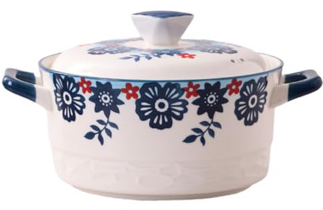 Eleeonora Zuppiera con Coperchio in Ceramica,Pentola per Zuppa in Ceramica Manico,Pentola Smaltata Vintage con Coperchio,Facile da Trasportare,Adatto A Microonde