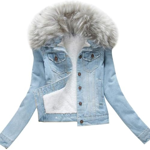 Giacca di Denim per le Donne Foderato in Pile Sintetico, Cappotto di Jeans Invernali Corti con Colletto di Pelliccia Sintetica Staccabile (Blu pallido-grigio,S)
