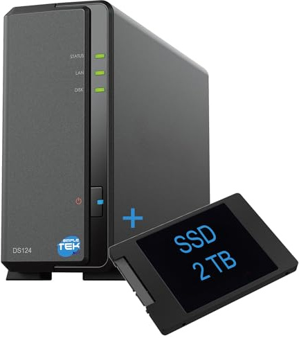 SIMPLETEK - Dispositivo di archiviazione di rete NAS a 1 vano con SSD 2TB SATA da 2,5″, Ethernet gigabit, 1 GB RAM, USB 3.2, – Colore Nero