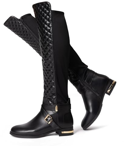 JustFab Knee High Boots Womens Square Toe Chunky Heel Tall Boots for Women Low Heel Side Zipper Long Boots(Black,9)