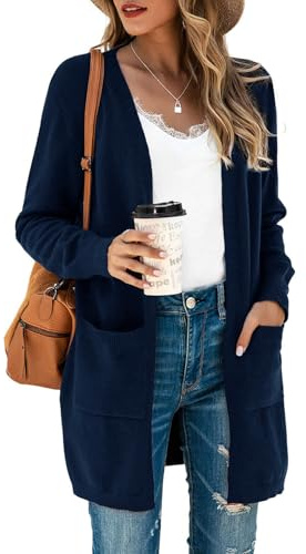 Saodimallsu Cardigan da donna lungo leggero a maniche lunghe aperto davanti maglione monocromatico tempo libero cappotto a maglia capospalla con tasca, Blu scuro, L