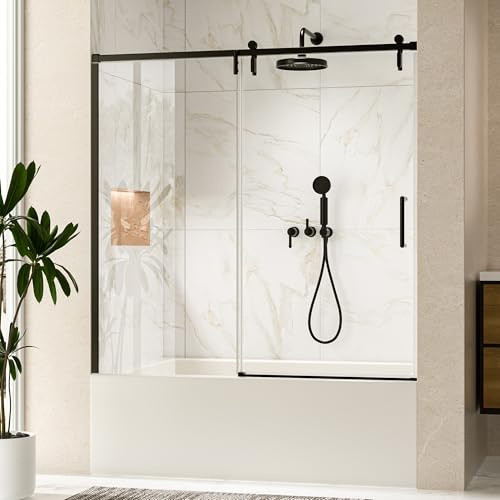 Keonjinn Single Sliding Tub Shower Door, 56-60 W x 58 H Frameless Bathtub Shower Door, 1/4 (6mm) Clear SGCC Tempered Clear Glass with Nano Coating, Silent Soft-Close Design, Matte Black