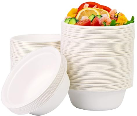 Cuencos de Cartón Desechables, 100 Piezas Bowl Compostables para Fiestas, 500 ml Tazones Desechables para Comida Fría y Caliente, Biodegradables, para Barbacoas, Camping, Fiestas(Blanco)