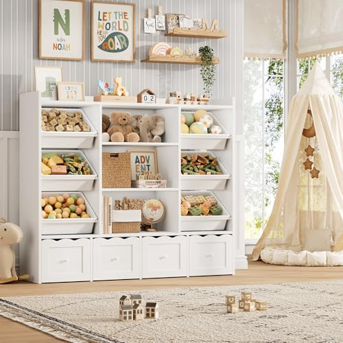 HITHOS 55 W Kids Toy Storage Organizer, Large Toy Box with Bookshelf, Toy Chest with 3 Cubes Storage Organizer, 6 Toy Organizers and Storage Bins, 4 Rolling Drawers for Kids Room, Playroom, White