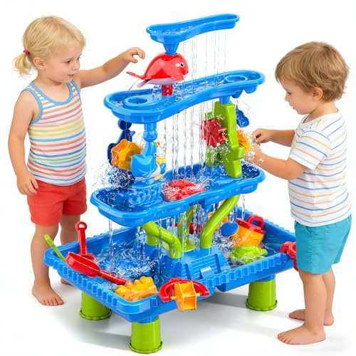 Doloowee Sand und Wassertisch für Kleinkinder, 4-Tier Wassertisch Spielzeug, Wasserspieltisch Outdoor Strandspielzeug, Groß Spieltisch Sommer-Wasserspielzeug für Jungen Mädchen 2 3 4 5 6 7 Jahre