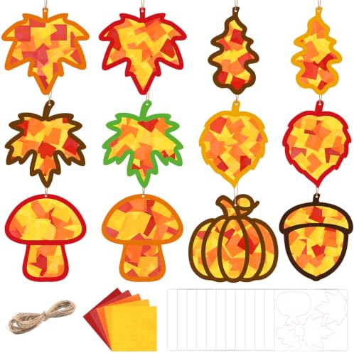 24 Stück Fensterbilder Herbst Bastelset für Kinder, Herbstdeko Herbst Basteln Mit Kindern, DIY Blätter Papierbastelset Acorn Decor Geschenke, 24 Fensterbilder, 24 PET-Aufkleber, 500 Konfetti, 1 Schnur