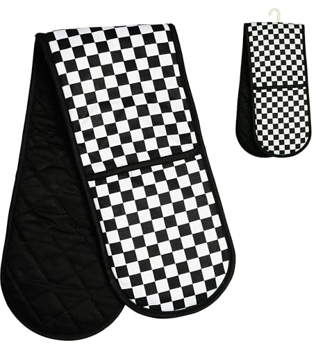 Premier Housewares Check Mate Double Oven Glove | Black & White Chequered Cotton Oven Mitt for Heat Protection | Soft Durable Kitchen Baking Gloves, Machine Washable | Heat Safe