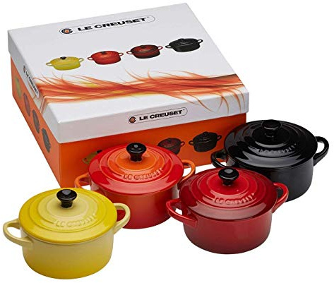 Le Creuset Steinzeug 4er Set Mini-Cocottes,0,2L Soleil, Ofenrot,Kirschrot,Schwarz