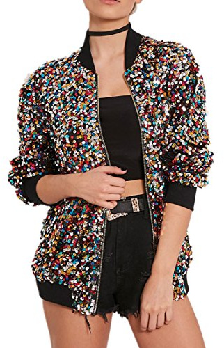 Cresay Women's Sequin Fitted Long Sleeve Zipper Blazer Bomber Jacket Rainbow XL.