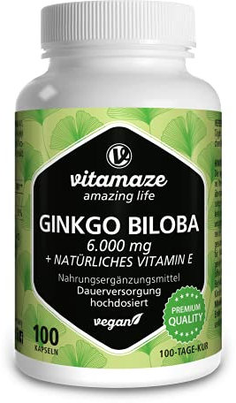 Ginkgo Biloba Kapseln hochdosiert 6000 mg vegan Gingko Biloba Extrakt 50:1, 100 Kapseln für 100 Tage Dauerversorgung, Nahrungsergänzung ohne Zusätze, Made in Germany