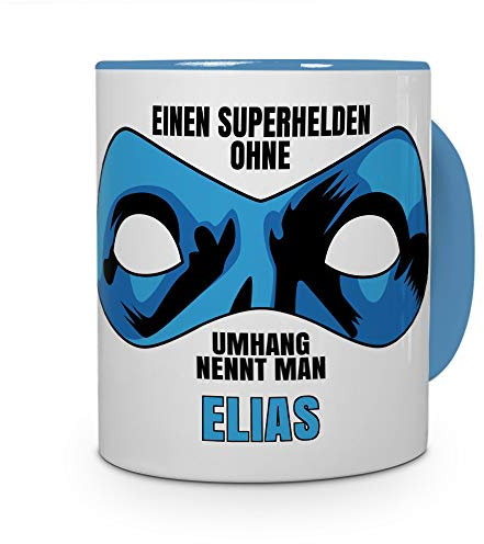 printplanet Tasse mit Namen Elias - Motiv Superhelden ohne Umhang - Namenstasse, Kaffeebecher, Mug, Becher, Kaffeetasse - Farbe Hellblau