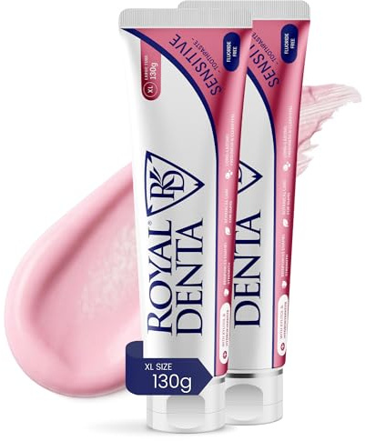 Royal Denta Hydroxylapatit Zahnpasta ohne Fluorid 2x130 g, Sensitive fluoridfreie Zahncreme für empfindliche Zähne für Erwachsene, remineralisierend, beruhigendes Zahnfleisch, mild-frischer Geschmack
