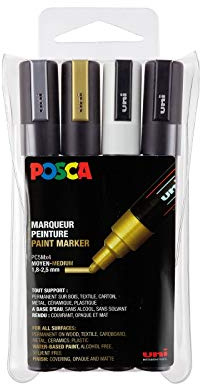 POSCA Mitsubishi Pencil PC5M – 4 rotuladores – Punta cónica – Colores metálicos – Punta media – pintura a base de agua – para cualquier soporte – Para papel, textil, vidrio, guijarro, madera