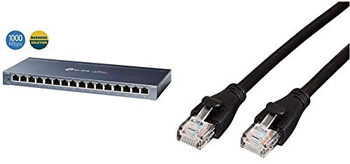 TP-Link TL-SG116 16-Ports Gigabit Netzwerk Switch (32 Gbit/S Switching-Kapazität, geschirmte RJ-45 Ports, IGMP-snooping) blau metallic & Amazon Basics Ethernet-Netzwerkkabel, RJ45, Cat6, 0,9 m