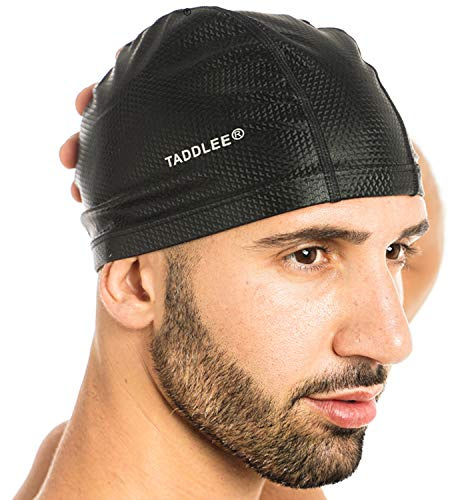 Taddlee Men Swim Cap PU Fabric Silicone Bathing Swimming Hat Pool Waterproof Sports Adult Swim Wear Accessories Large Size Outdoor (Black)