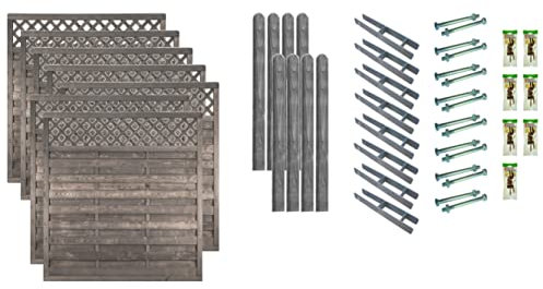 TETZNER & JENTZSCH Zäune Boston 5 I Sichtschutz Zaun 180 x 180 cm Grau I Gartenzaun aus Holz für den Sichtschutz I Zaun mit Lamellenwand I Gartenzaun Komplettset mit Trennwand für den Windschutz