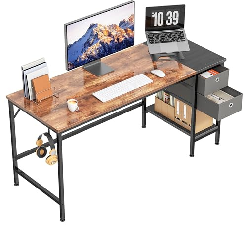 HOMIDEC Schreibtisch, Computertisch PC Tisch mit 2 Schubladen, 140x75x50cm | Bürotisch Holz mit Kopfhörer Halter fürs Wohnzimmer, Arbeitszimmer, Schlafzimmer