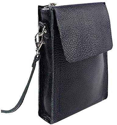 OBC Made in Italy Damen Leder Smartphone Tasche Schultertasche Handytasche Minibag Umhängetasche Geldtasche Ledertasche Crossbody Abendtasche Dunkelblau