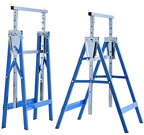 HOMCOM 2-pack arbetsbockar Belastningskapacitet upp till 200 kg hopfällbar sågbock höjdjusterbar 80-130 cm stålställning underställbock hopfällbar stödbock Blå