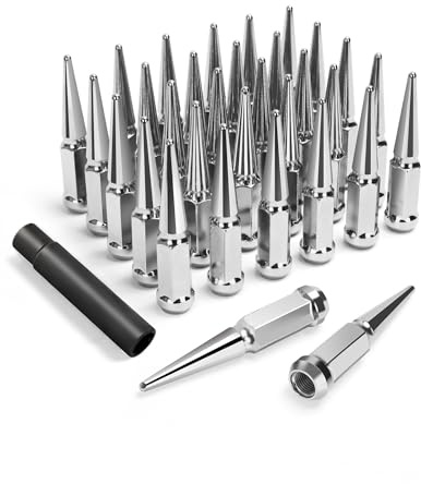 32PCS 14X1.5 Spike lug nut 4.4 Tall-Chevy Silverado 8Lug, M14x1.5 Electroplated Wheel Spike Lug Nut For Suburban GMC Sierra Yukon Ford F250 F350 RAM 2500 3500 Aftermarket Wheel,One Piece Anti-Rusting