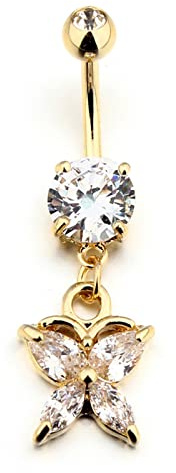 Beydodo Bauchnabelpiercing Chirurgenstahl, Bananabell Piercing 14G Schmetterling Blume Anhänger mit Zirkonia Körperpiercing Bauchnabelring Gold