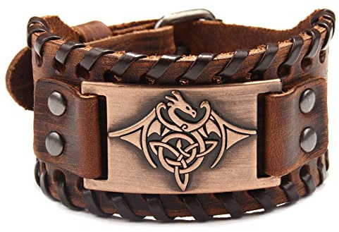Thajaling Bracciale in pelle totem drago volante, bracciale vintage totem vichingo, bracciale largo in pelle con nodo celtico, per uomo (Marrone)