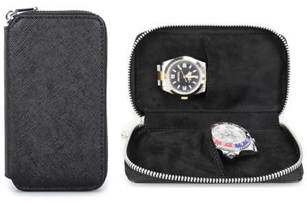 Hiram Uhrenetui aus Leder für 2 Uhren, Tragbare Reiseuhrenbox Handgefertigter Uhren-Aufbewahrungskoffer für Männer (Schwarz)