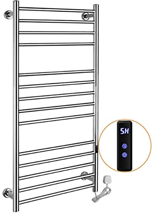 Electric Towel Radiator with touch controller, Heated Towel Warmer and Drying Towel Rack,14 Heated Bars, Stainless Steel Wall-Mounted Heater Towel Rail for Bathroom (Dark line,Silver)