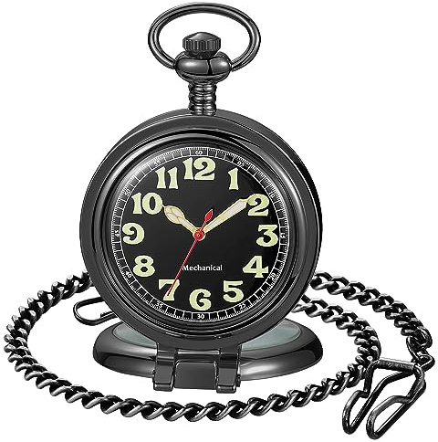 Bronze Men's Antique Mechanical Pocket Watch, Skeleton Mechanical Roman Numerals Pocket Watch with Chain + Box
