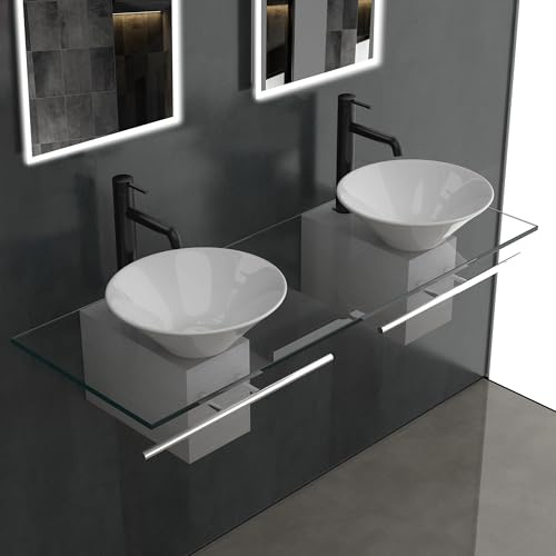 Alpenberger - Lavabo doppio su vetro trasparente e cassetta in acciaio inox, lavabo in ceramica con nano | lavabo con porta asciugamani, lavabo da appoggio per il bagno