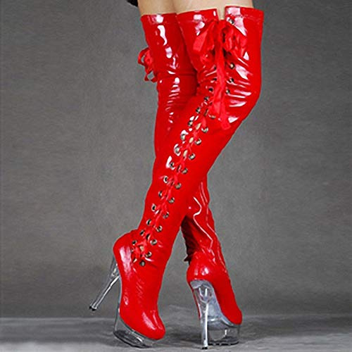 fikujap Mujer Botas sobre La Rodilla, 15 cm Sexy Elegante Charol Alto Estiramiento Muslo sobre La Rodilla Botas Discoteca Bar Botas Altas Botas Delgadas De Tacón Alto Botas De Pole Dance,Rojo,41
