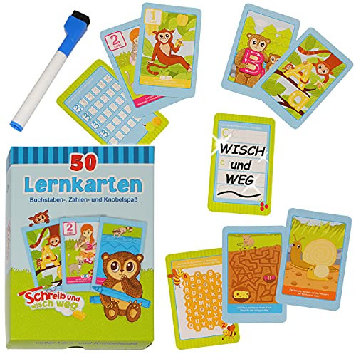 Schule & Schulanfang Artikel frei wählbar Wisch & Weg - Lernkarten Spiel - Buchstaben ABC & Zahlen Lernen & schreiben + Knobeln - mit Folienstift + Schwam..