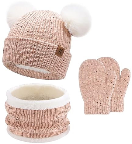 Baby Mädchen Jungen Winter Warm Mütze Loop Schal Handschuhe Set, Kinder Pompom Wintermütze Strickmütze Beanie Fäustlinge Schlauchschal für 0–4 Jahre Kleinkinder Neugeborenen, Rosa