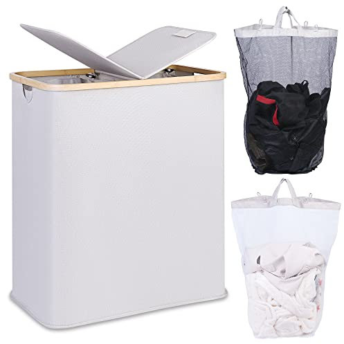 efluky 140L Laundry Baskets with Lid 2 Compartments, Large Laundry Hamper, Double Laundry Basket Laundry Storage with 2 Removable Bags, Light Grey