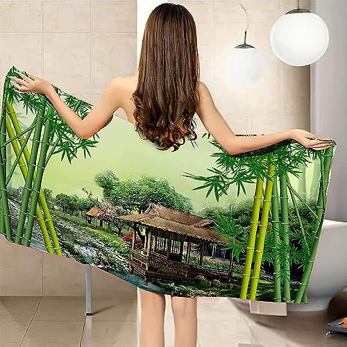Microfibre Lightweight Beach Towel Xxl 200 X 200 Cm Oversized Extra Large Wooden House Green Bamboo Thin Sand Towels Travel Swim Pool Yoga Gym Camping For Adults Women Men Beach Essentials -7B6Y