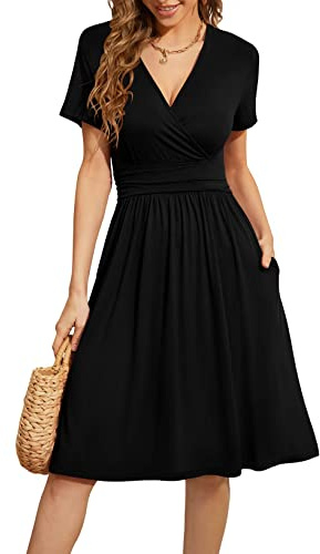 Actcat V-Ausschnitt Kleid Kurzarm Casual Kleider Sommerkleid Floral Party Kleid mit Taschen Kleider schwarz blusenkleid Damen blusenkleid Damen Kleid a Linie
