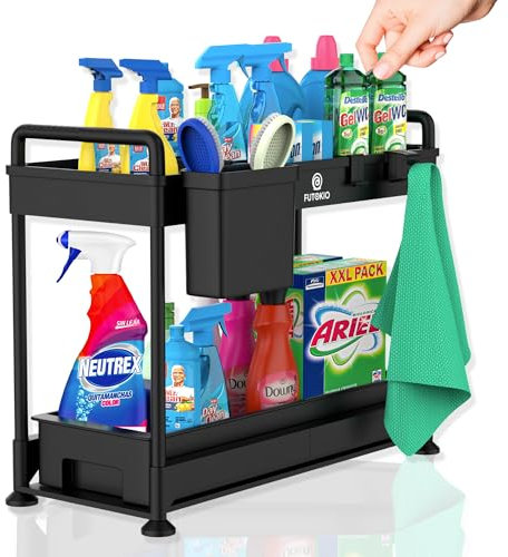 FUTOKIO Organizer Sottolavello Cucina a 2 livelli, Scaffale Cucina, Mobiletto bagno Salvaspazio, Scaffale Salvaspazio, Staffe di Metallo, Nero