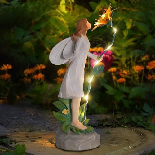 Ovewios Fairy Garden Statue Outdoor Decor, Solar Powered Garden Sculptures Fairy Resin Statues Waterproof Yellow Flower Solar LED Lights Yard Art Decorations for Outside Patio Lawn Decor