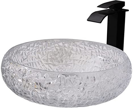 KJSHXYG Badezimmer-Waschbecken, Glas-Waschbecken, über der Theke, Badezimmer-Waschbecken, rundes, transparentes Waschbecken, Badezimmer-Waschbecken mit Wasserhahn, Abfluss-Kombination