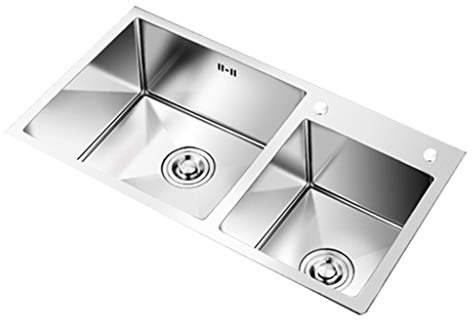 Waschbecken Dicke Edelstahl Waschbecken Handspüle Doppel Waschbecken 304 Geschirr Waschbecken Set Künstliches Design Tiefe Waschbecken, TOMRAIN, Silber, 80 * 45cm