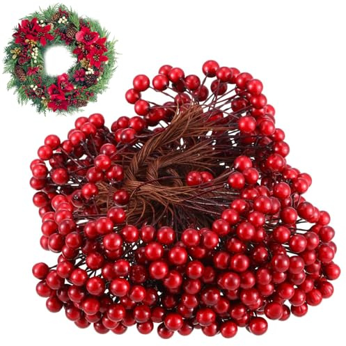 SMELEYOU Bacche di Natale per la lavorazione di bacche di agrifoglio artificiali su steli di filo 250 steli 8 mm flessibili bacche di Natale pieghevoli steli per ghirlande natalizie decorazioni per