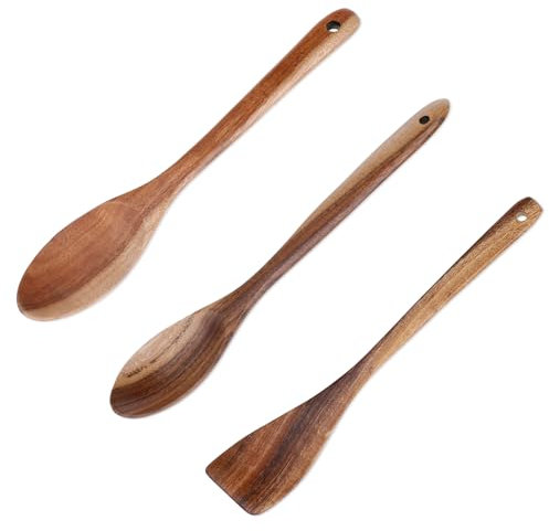 3 Stück Kochlöffel Holz, 30cm Langer Rund Holzlöffel Holzschaufel Griff Holzkochlöffel, Rührlöffel Suppenlöffel, Antihaft-Mischlöffel Holzlöffel für Küche Rühren und Kochen