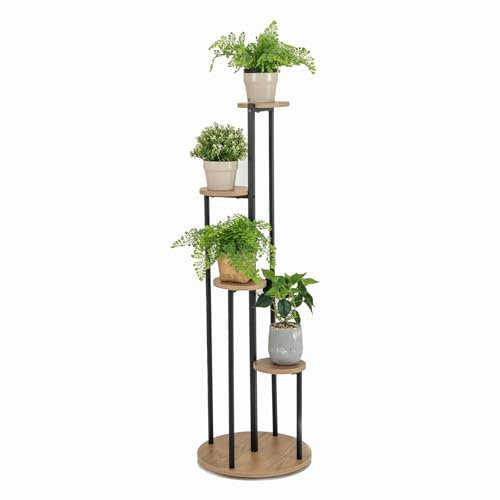 RELAX4LIFE 5 Etagen Blumenständer, 125 cm hoher Pflanzenständer aus Holz & Metallrahmen, dekoratives Pflanzenregal für Innenbereich, für Wohnzimmer, Balkon, Schlafzimmer & Flur (Natur & Schwarz)