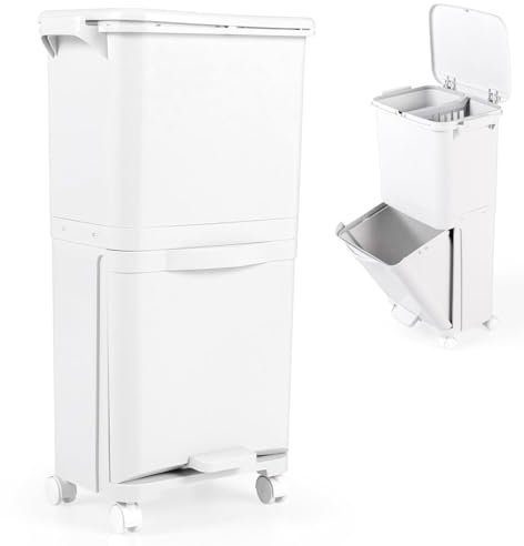 TANGZON Recycling Bins, 40L Trash Can Garbage Bin with 3 Compartments, Wheels, Classification Stickers & Handle, Vertical Waste Separation System for Kitchen Home (42x28x74cm)